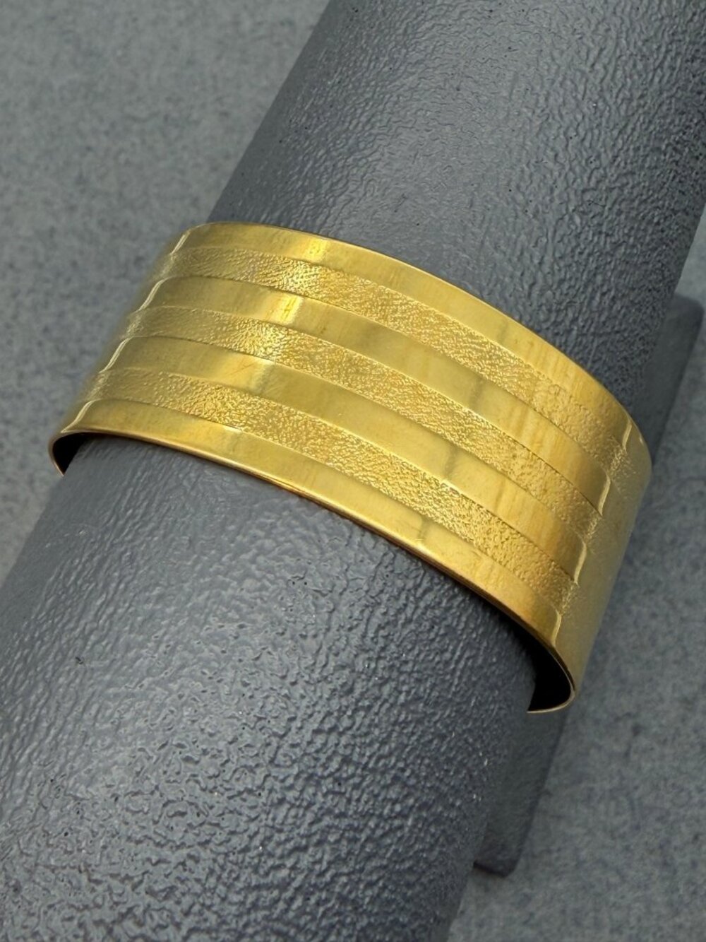 Wide Cuff Bracelet 2 In Gold Unisex Textured Striped Band Hammered Vintage Glam